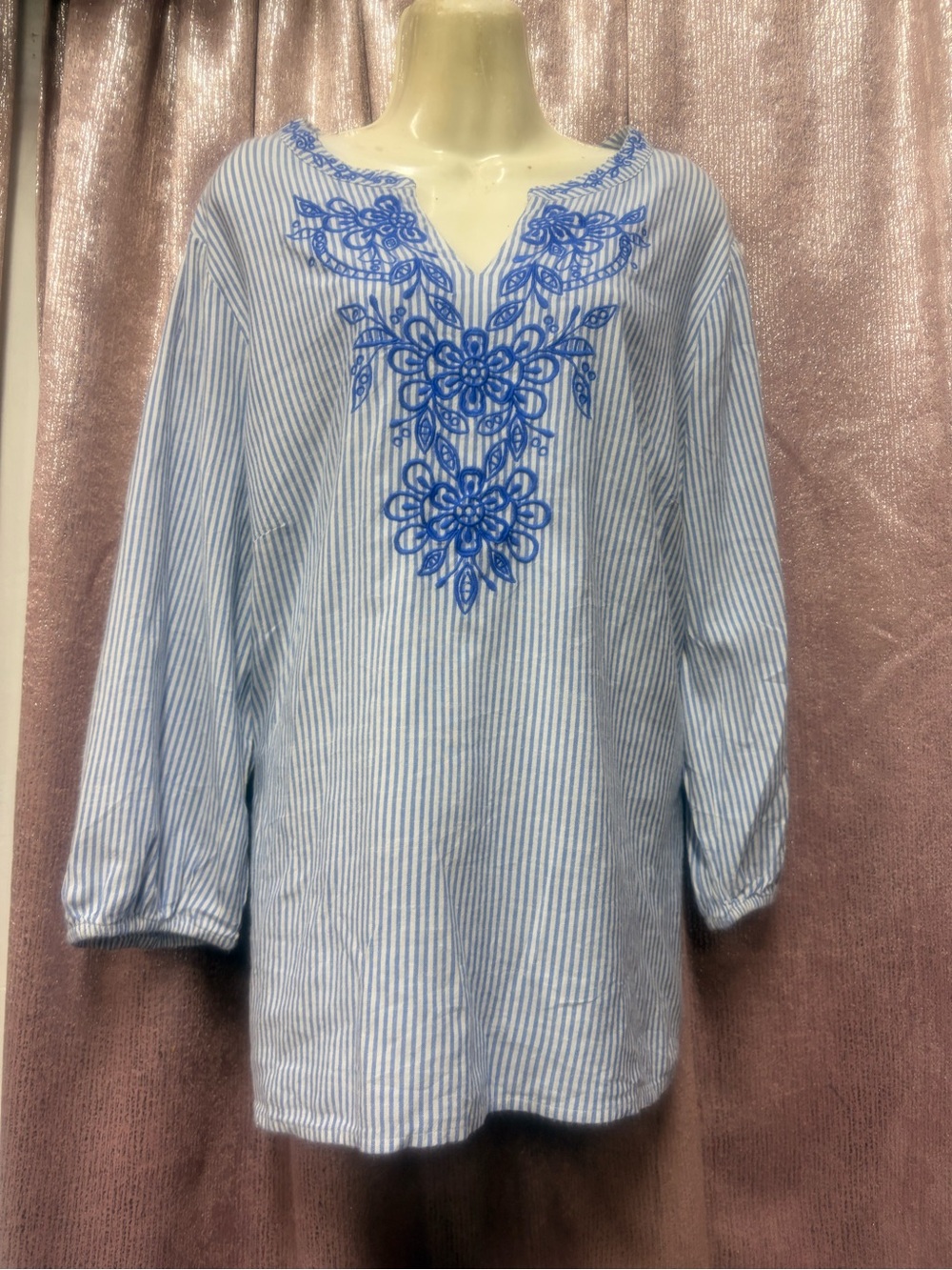 croft & barrow Light Blue and White Striped Tunic with Royal Blue Embroidery